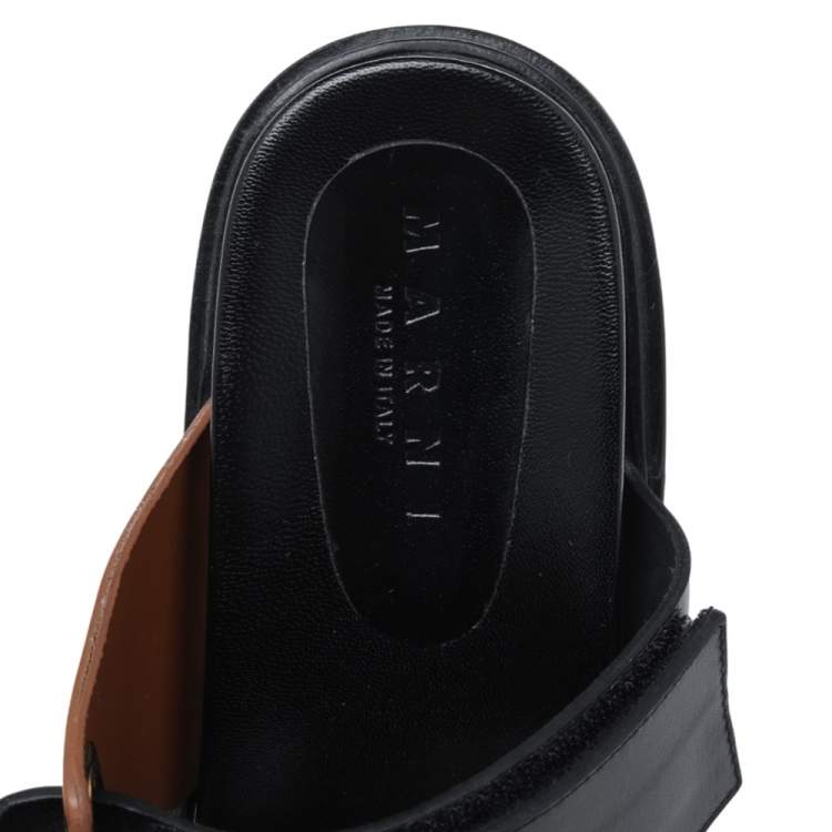 Pre Owned Marni Black/Brown Leather Fussbett Slide Sandals Size 40