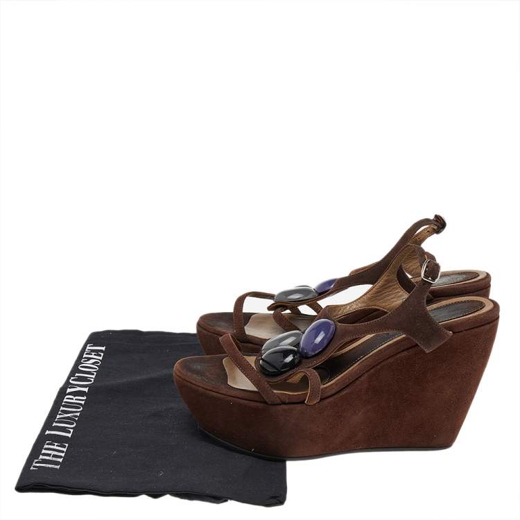 Pre Owned Marni Brown Suede Embellished Wedge Platform Ankle Strap Sandals Size 36