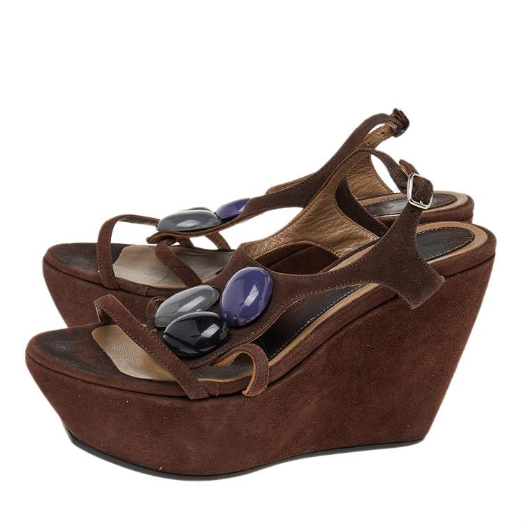 Pre Owned Marni Brown Suede Embellished Wedge Platform Ankle Strap Sandals Size 36