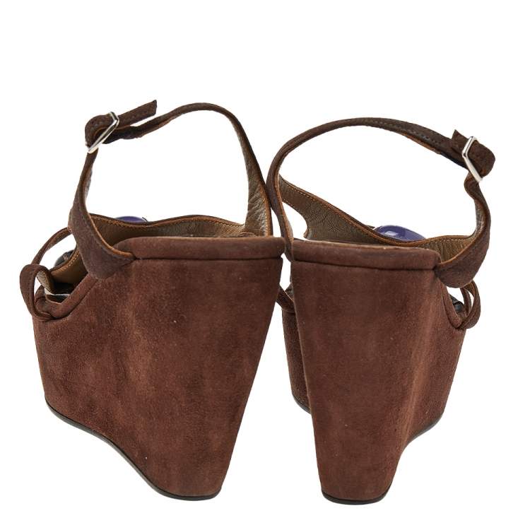 Pre Owned Marni Brown Suede Embellished Wedge Platform Ankle Strap Sandals Size 36