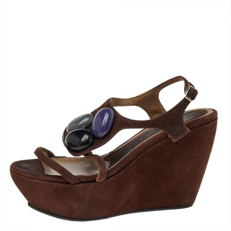 Pre Owned Marni Brown Suede Embellished Wedge Platform Ankle Strap Sandals Size 36