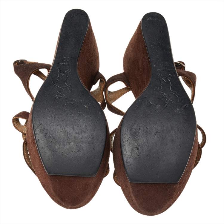 Pre Owned Marni Brown Suede Embellished Wedge Platform Ankle Strap Sandals Size 36