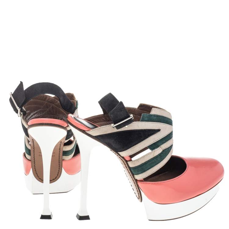 Pre Owned Marni Multicolor Leather And Suede Slingback Platform Sandals Size 37.5
