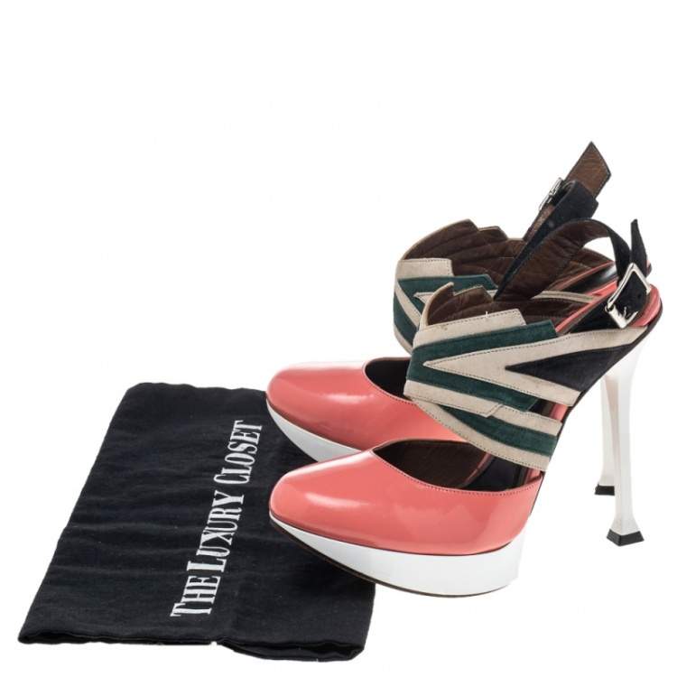 Pre Owned Marni Multicolor Leather And Suede Slingback Platform Sandals Size 37.5