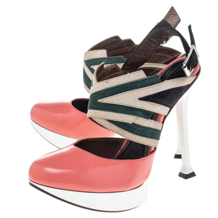 Pre Owned Marni Multicolor Leather And Suede Slingback Platform Sandals Size 37.5
