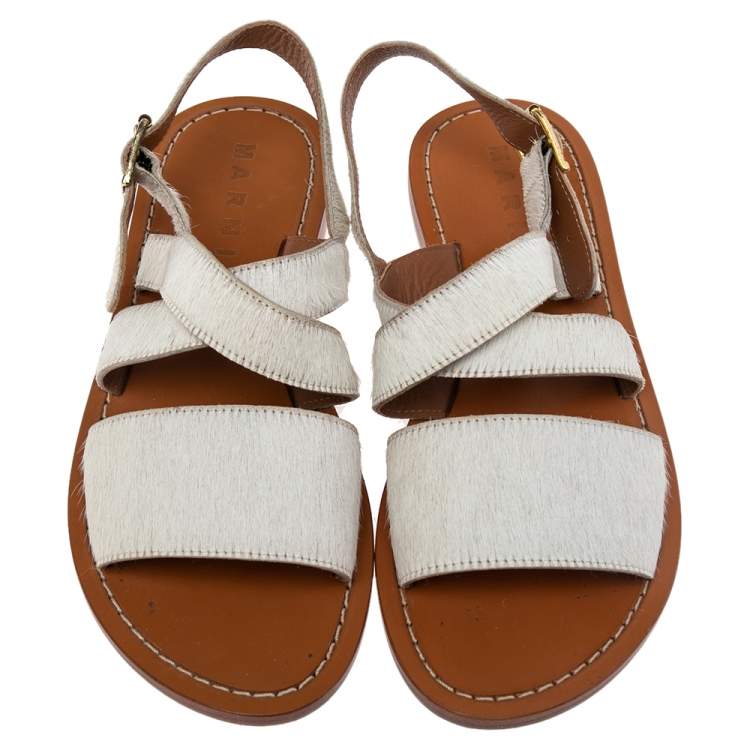 Pre Owned Marni White Calf Hair Flat Sandals Size 36