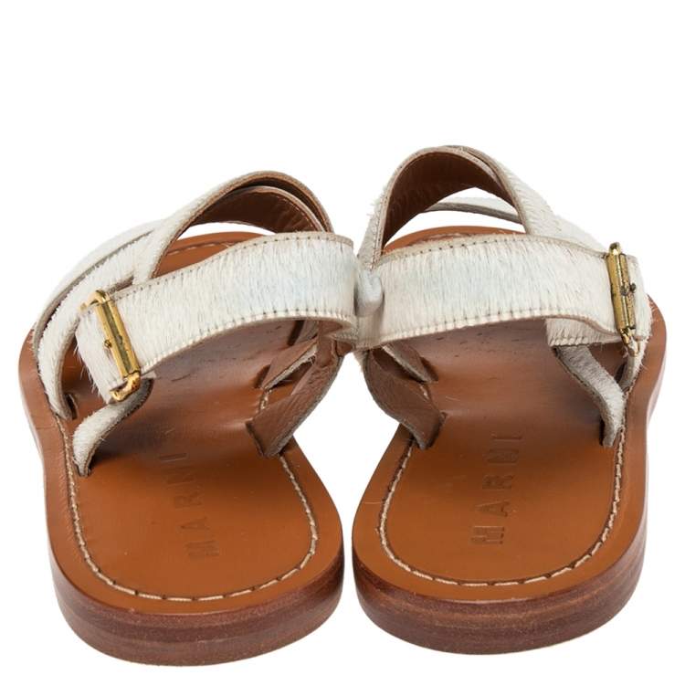 Pre Owned Marni White Calf Hair Flat Sandals Size 36