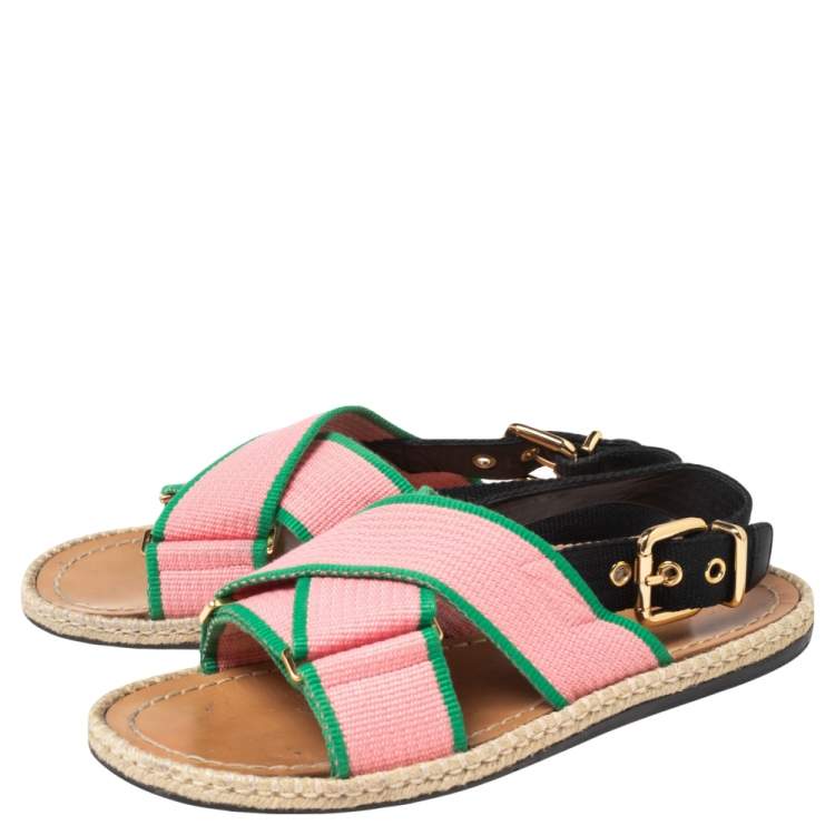 Pre Owned Marni Pink Nylon Cross Strap Slingback Espadrille Flat Sandals Size 38
