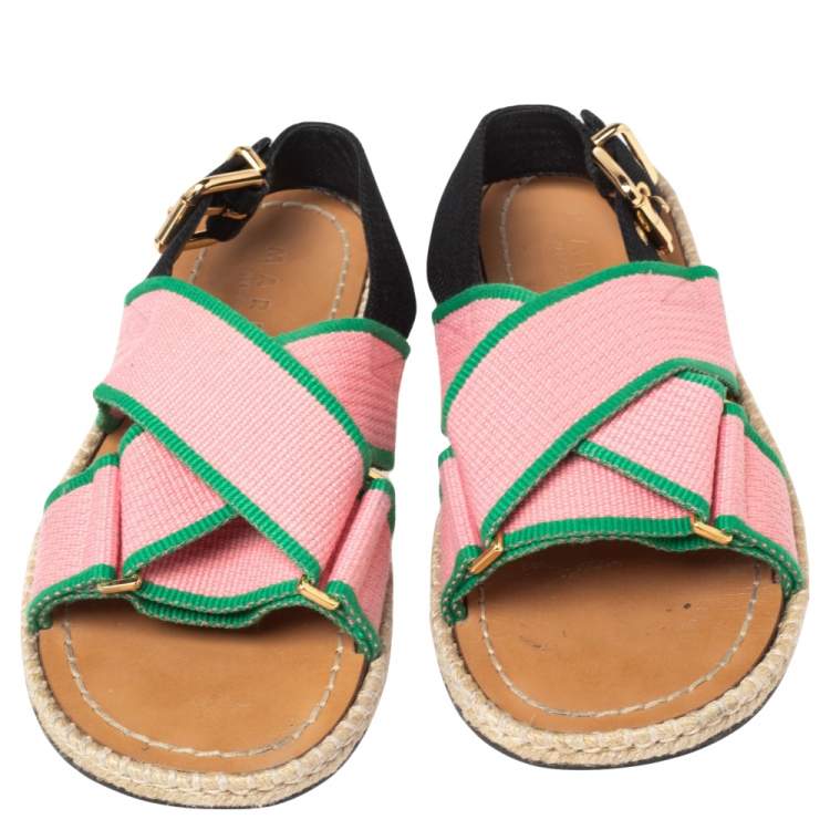 Pre Owned Marni Pink Nylon Cross Strap Slingback Espadrille Flat Sandals Size 38