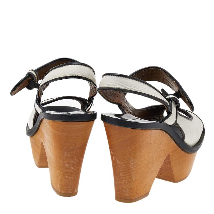 Pre Owned Marni White-Black Leather Platform Block Heel Sandals Size 37