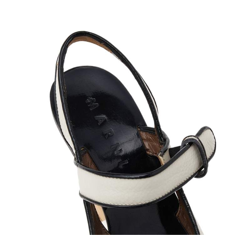 Pre Owned Marni White-Black Leather Platform Block Heel Sandals Size 37