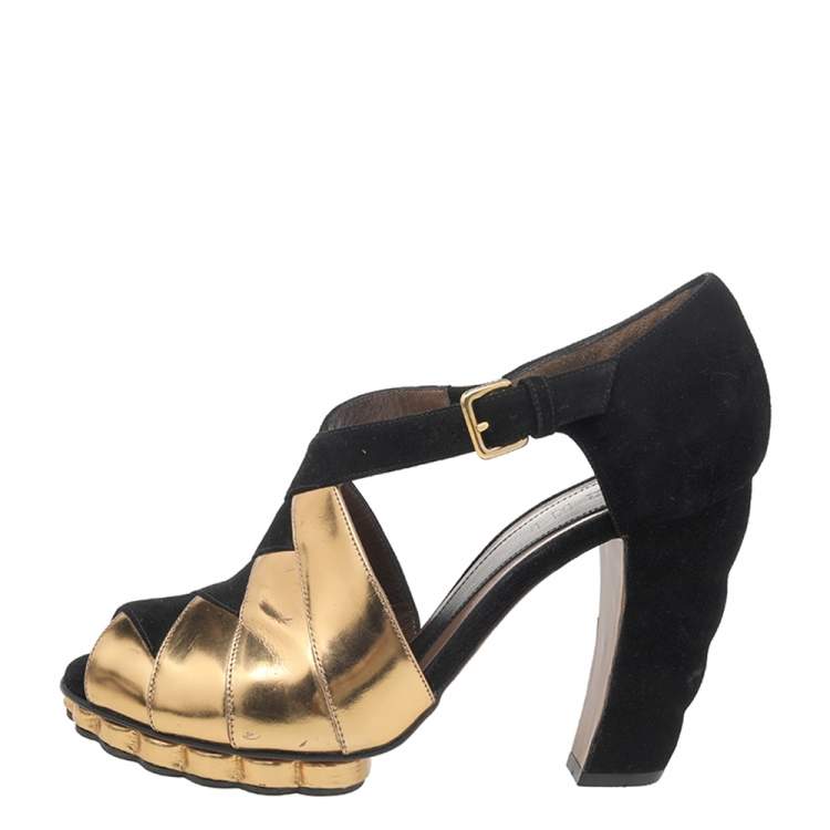 Pre Owned Marni Black-Gold Suede And Patent Leather Sandals Size 39.5
