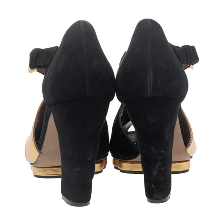 Pre Owned Marni Black-Gold Suede And Patent Leather Sandals Size 39.5