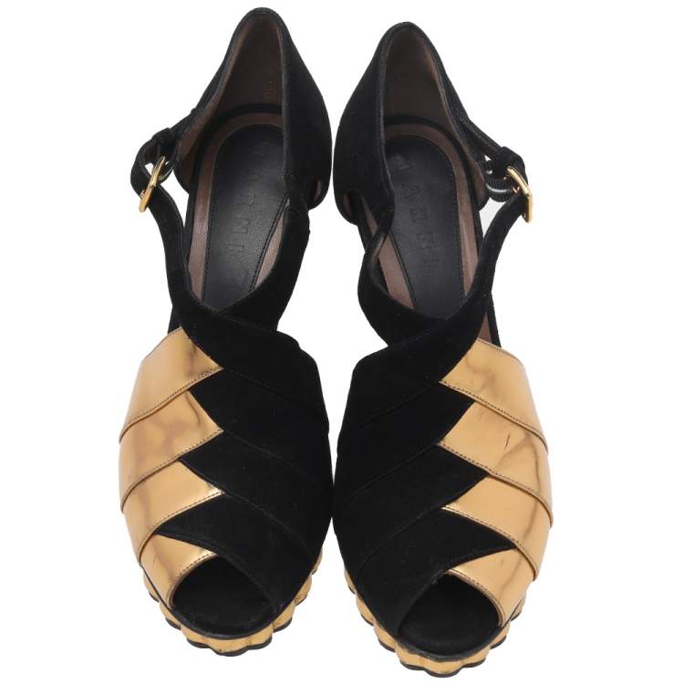 Pre Owned Marni Black-Gold Suede And Patent Leather Sandals Size 39.5