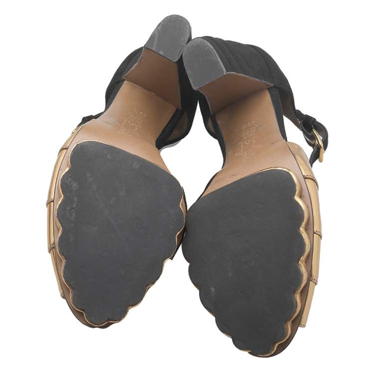 Pre Owned Marni Black-Gold Suede And Patent Leather Sandals Size 39.5