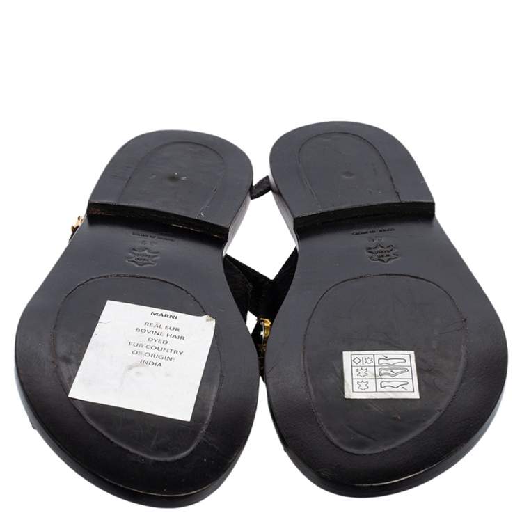 Pre Owned Marni Black Calf Hair Crystal Embellished Flat Sandals Size 41