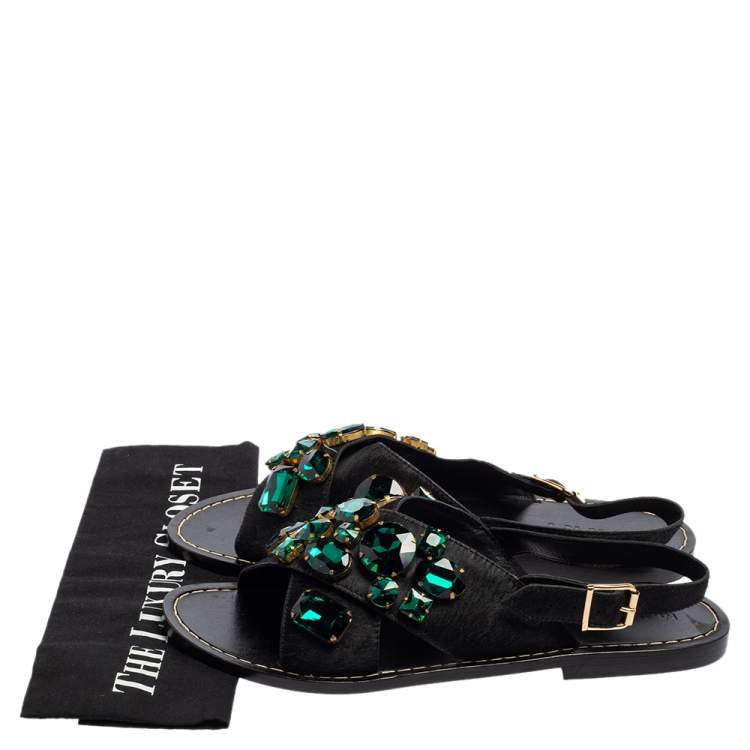 Pre Owned Marni Black Calf Hair Crystal Embellished Flat Sandals Size 41