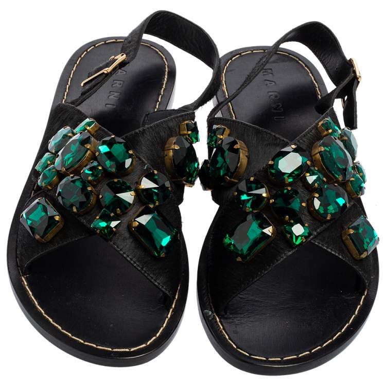 Pre Owned Marni Black Calf Hair Crystal Embellished Flat Sandals Size 41