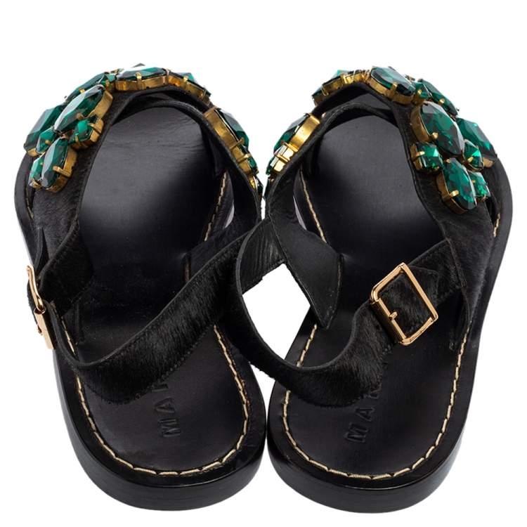 Pre Owned Marni Black Calf Hair Crystal Embellished Flat Sandals Size 41