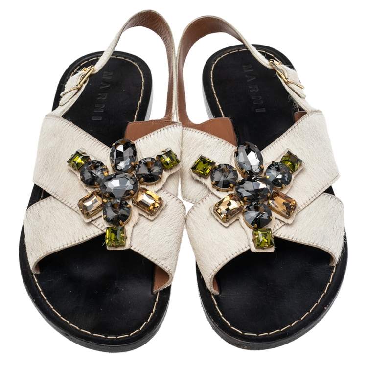 Pre Owned Marni White Calf Hair  Cross Strap Embellished Slingback Flat Sandals Size 41
