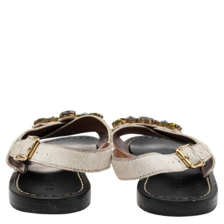 Pre Owned Marni White Calf Hair  Cross Strap Embellished Slingback Flat Sandals Size 41