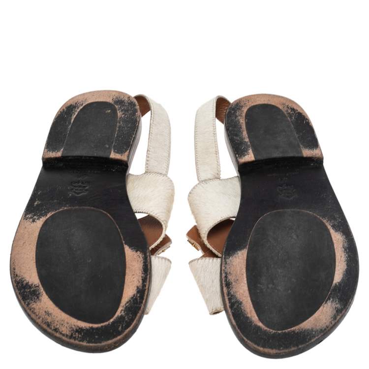 Pre Owned Marni White Calf Hair  Cross Strap Embellished Slingback Flat Sandals Size 41