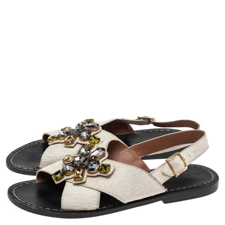 Pre Owned Marni White Calf Hair  Cross Strap Embellished Slingback Flat Sandals Size 41