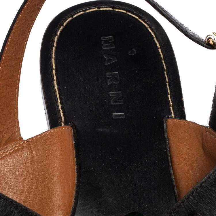 Pre Owned Marni Black Calf Hair Embellished Cross Strap Slingback Flat Sandals Size 41