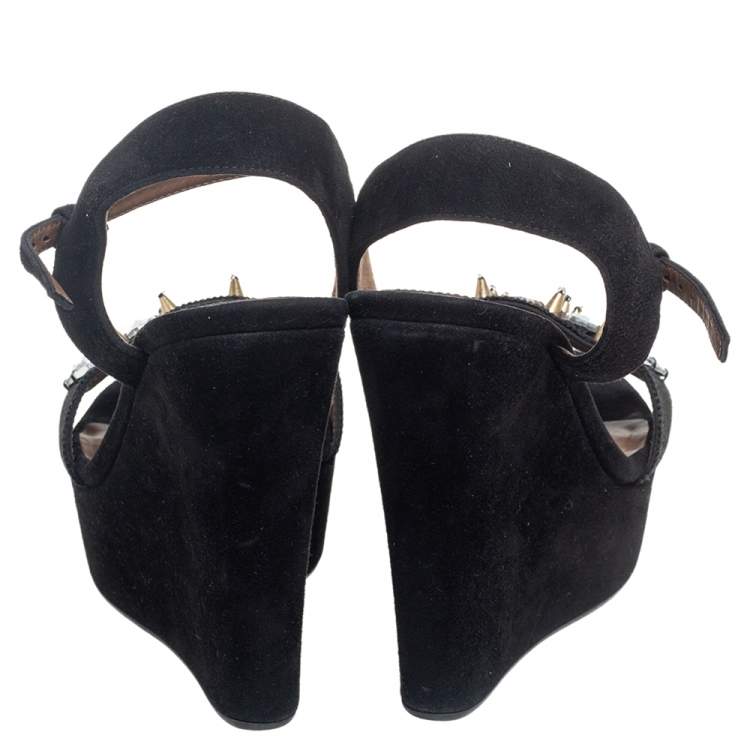 Pre Owned Marni Black Suede and Fabric Embellished Crystals Platform Wedge Sandals Size 37