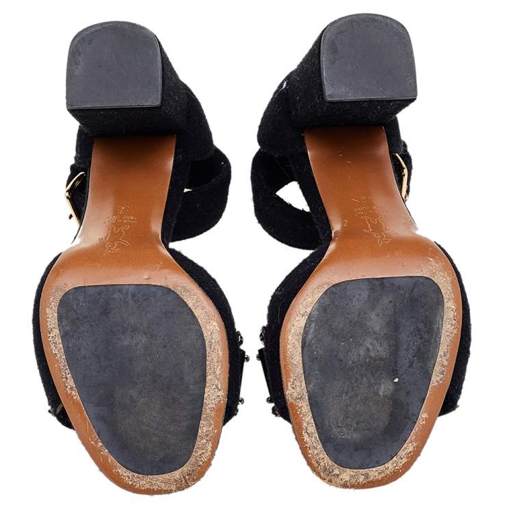 Pre Owned Marni Black Felt Embellished Block Heel Ankle Strap Sandals Size 39
