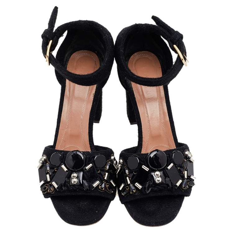 Pre Owned Marni Black Felt Embellished Block Heel Ankle Strap Sandals Size 39