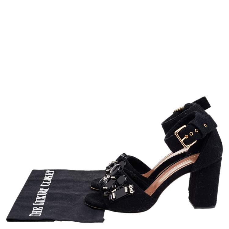 Pre Owned Marni Black Felt Embellished Block Heel Ankle Strap Sandals Size 39