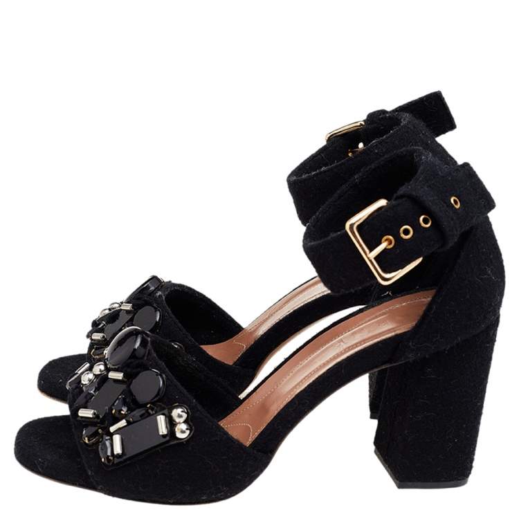 Pre Owned Marni Black Felt Embellished Block Heel Ankle Strap Sandals Size 39
