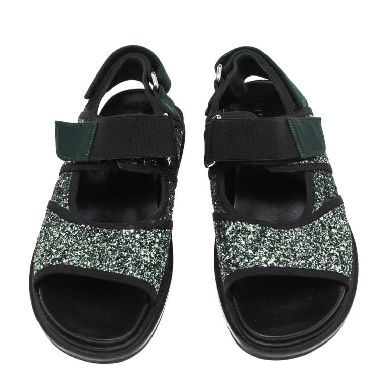 Pre Owned Marni Green Glitter And Fabric Velcro Strap Flat Sandals Size 37