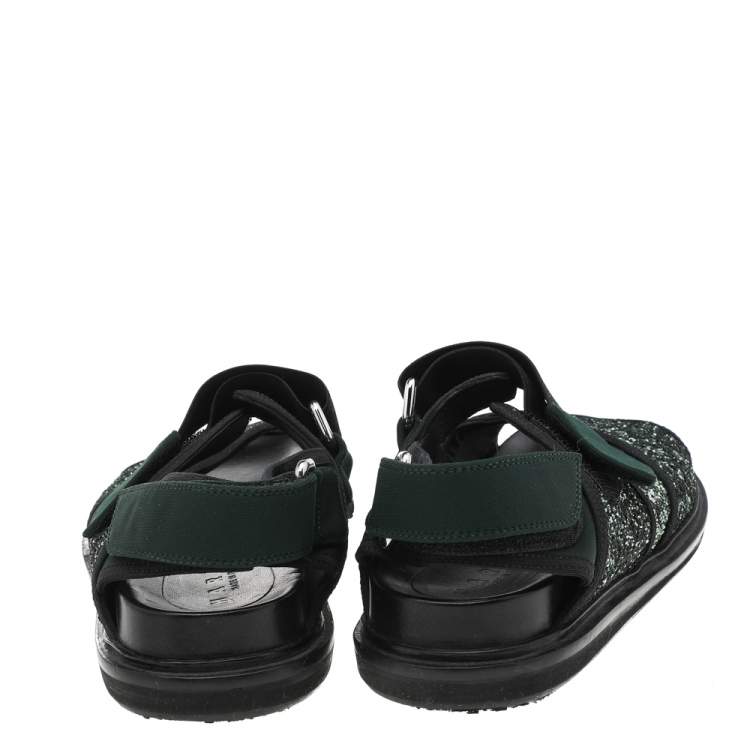 Pre Owned Marni Green Glitter And Fabric Velcro Strap Flat Sandals Size 37