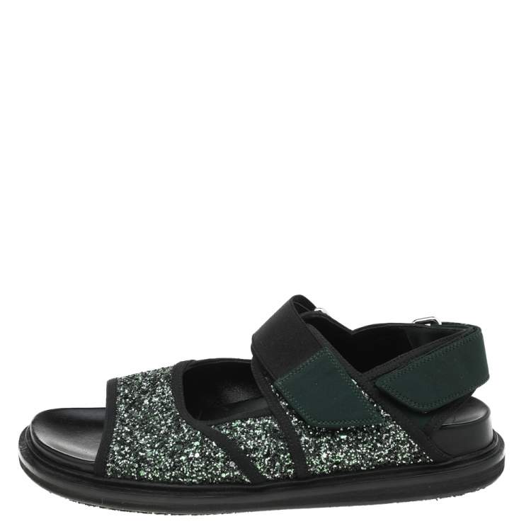 Pre Owned Marni Green Glitter And Fabric Velcro Strap Flat Sandals Size 37