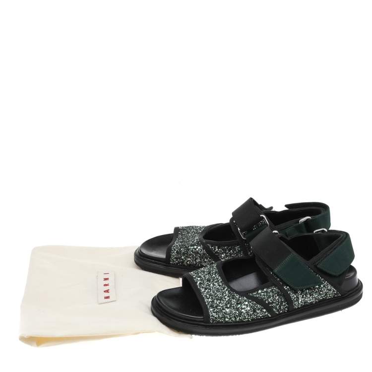 Pre Owned Marni Green Glitter And Fabric Velcro Strap Flat Sandals Size 37