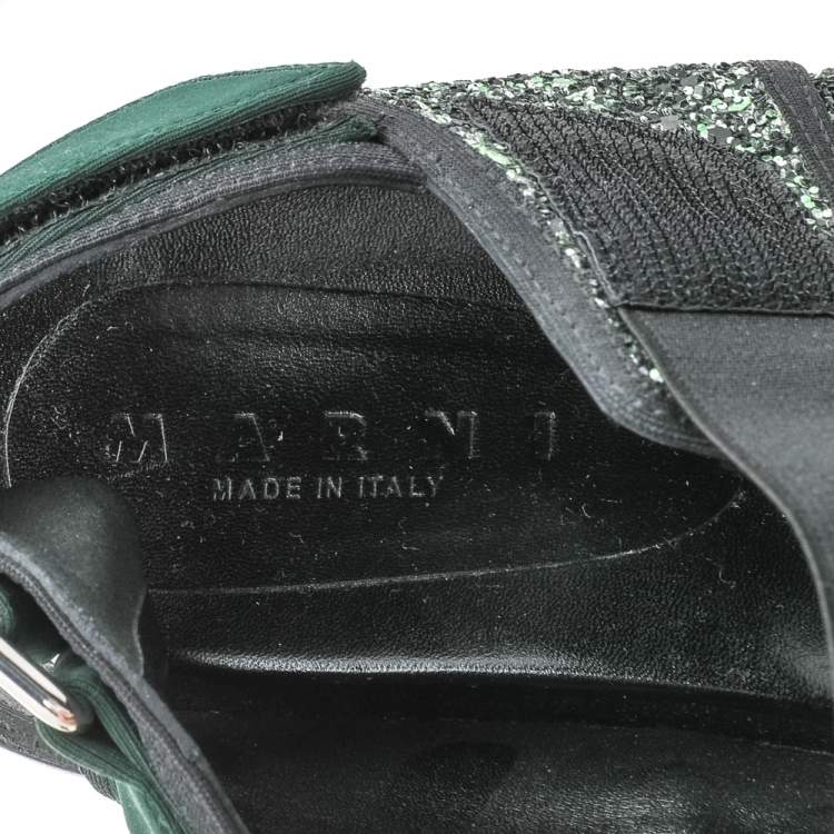 Pre Owned Marni Green Glitter And Fabric Velcro Strap Flat Sandals Size 37