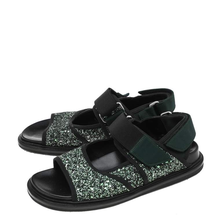 Pre Owned Marni Green Glitter And Fabric Velcro Strap Flat Sandals Size 37