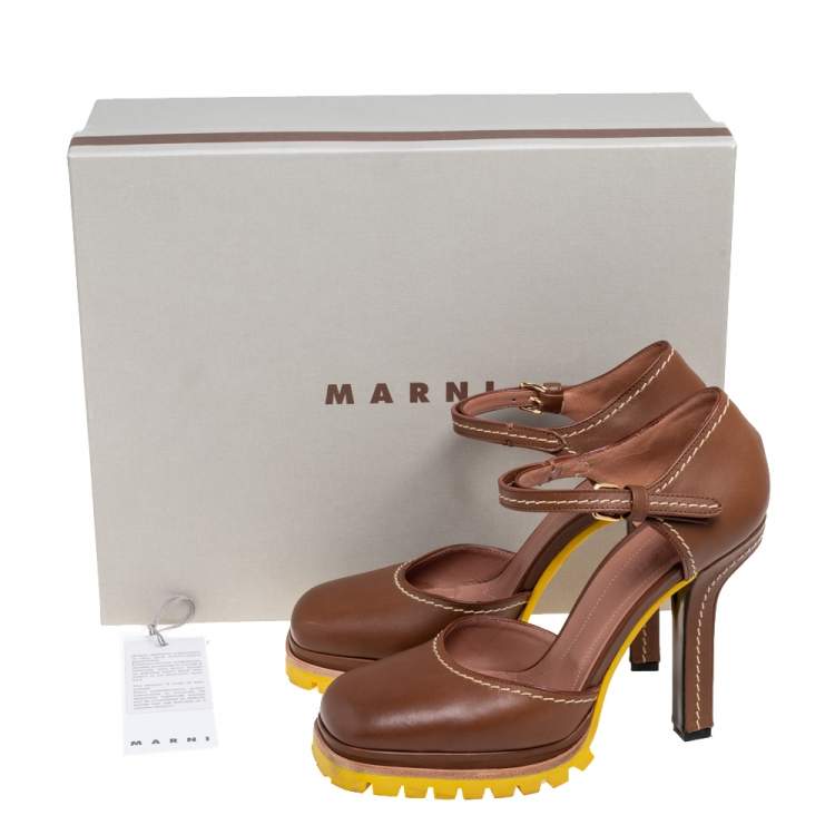 مملوكة مسبقًا Marni Brown Leather Ankle Strap Pumps Size 38.5