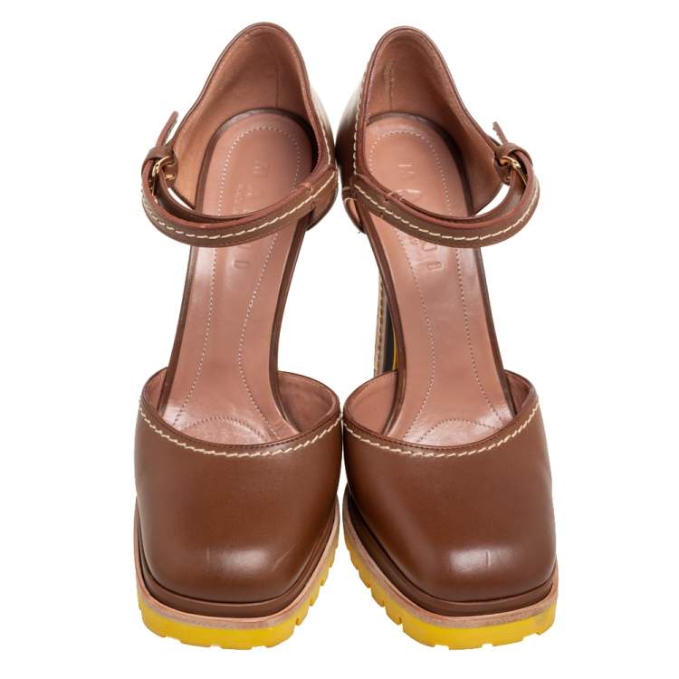 مملوكة مسبقًا Marni Brown Leather Ankle Strap Pumps Size 38.5