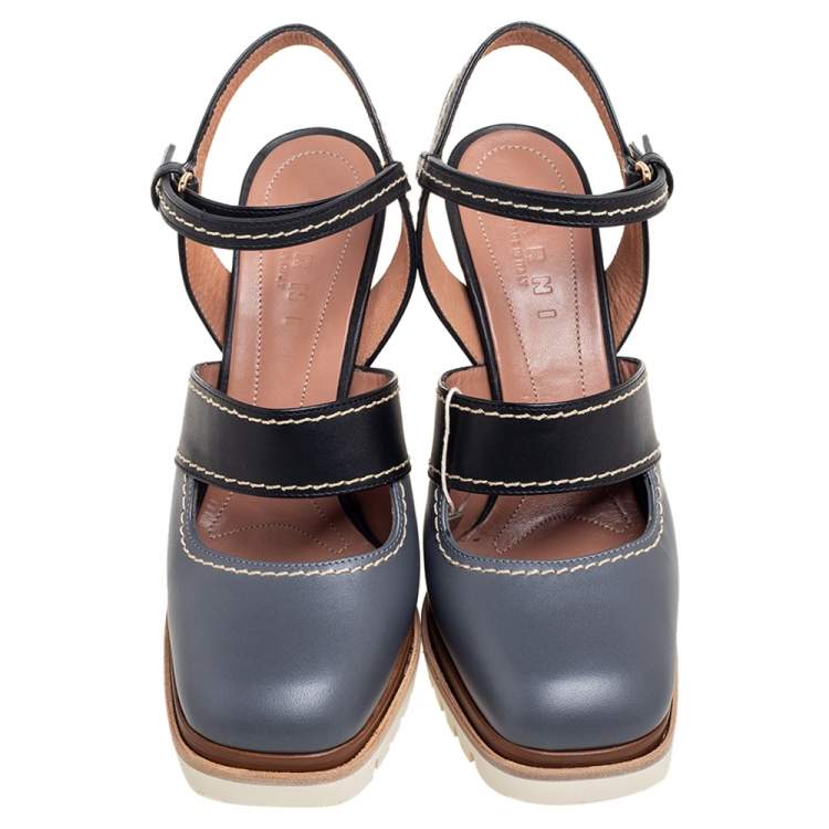 مملوكة مسبقًا Marni Grey/Black Leather Mary Jane Ankle Strap Pumps Size 39
