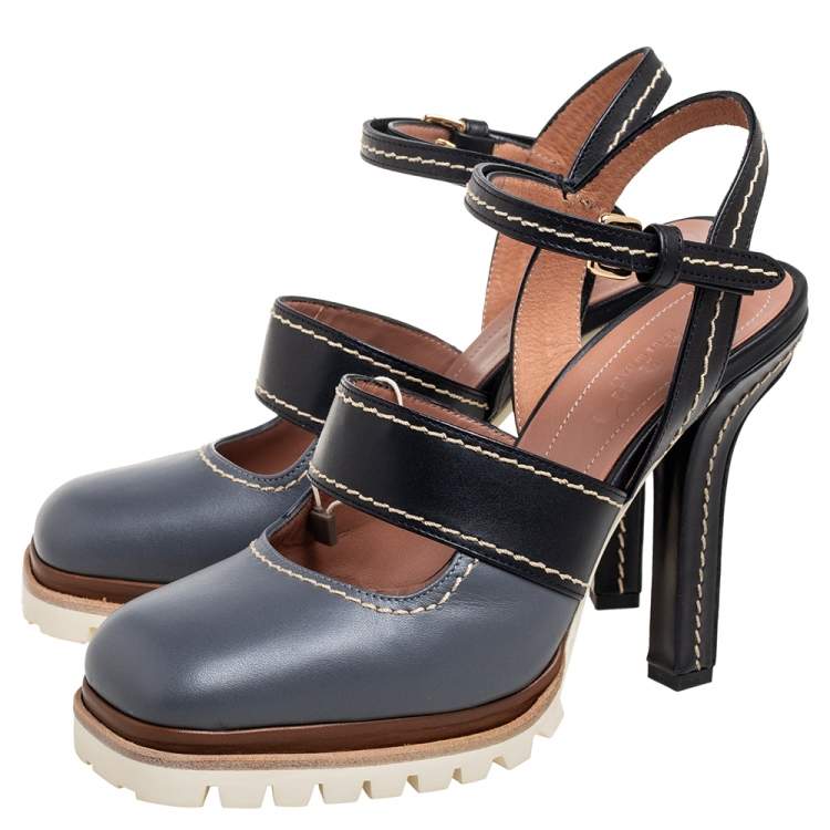 مملوكة مسبقًا Marni Grey/Black Leather Mary Jane Ankle Strap Pumps Size 39