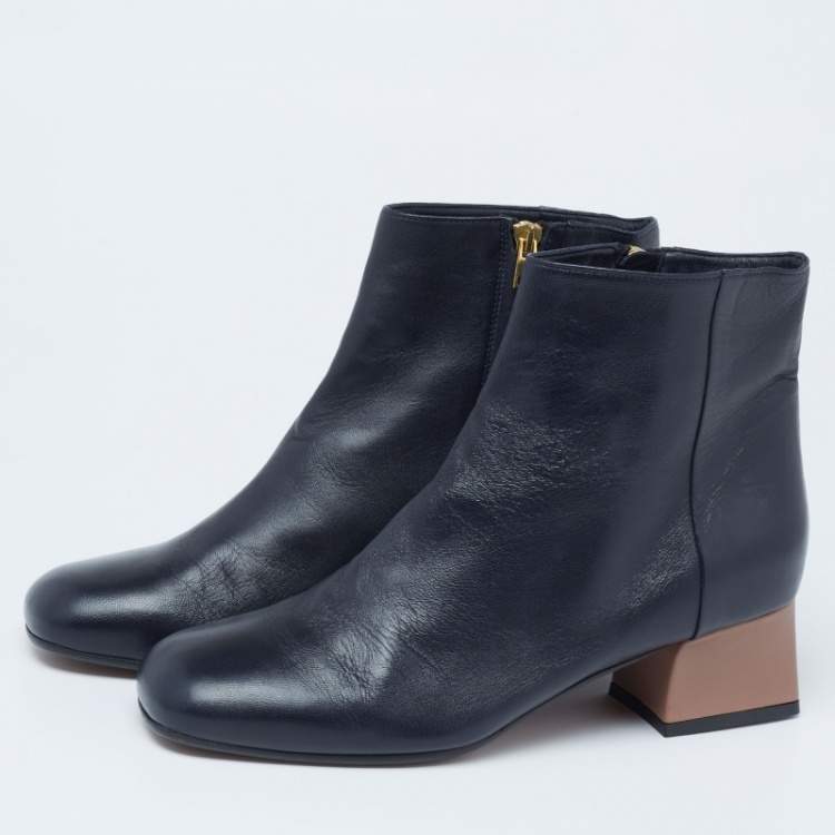 Pre Owned Marni Nevy Blue/Brown Leather Block Heels Ankle Boots Size 39