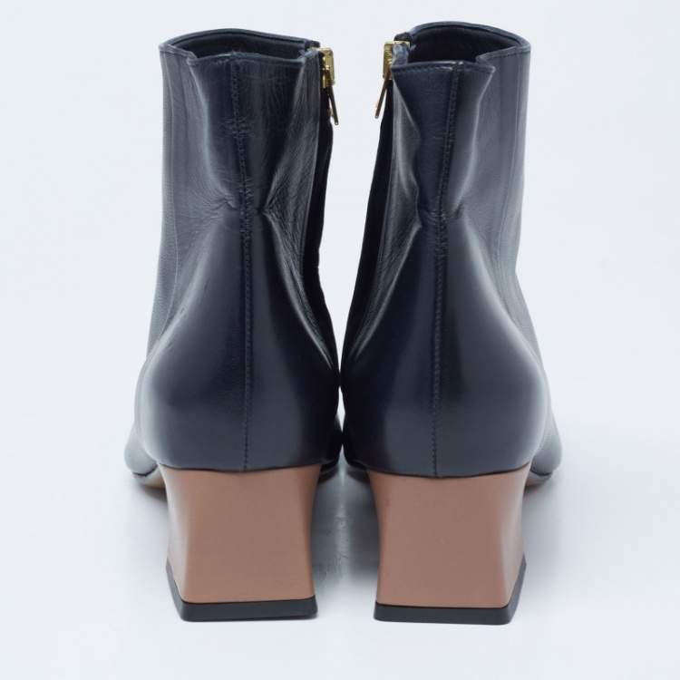 Pre Owned Marni Nevy Blue/Brown Leather Block Heels Ankle Boots Size 39
