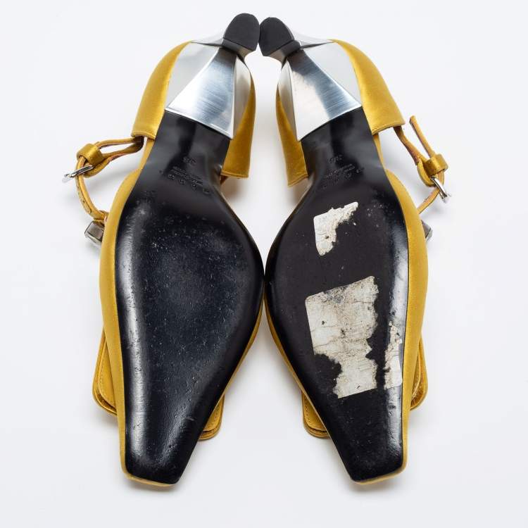 Pre Owned Marni Yellow Satin Crystal Embellished T-Bar Pumps Size 36