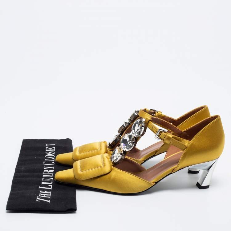 Pre Owned Marni Yellow Satin Crystal Embellished T-Bar Pumps Size 36