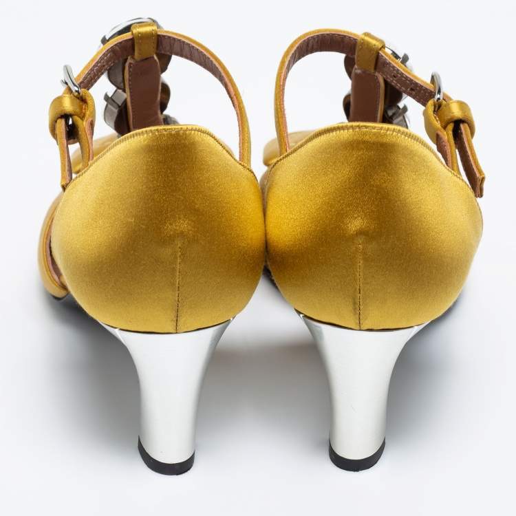 Pre Owned Marni Yellow Satin Crystal Embellished T-Bar Pumps Size 36