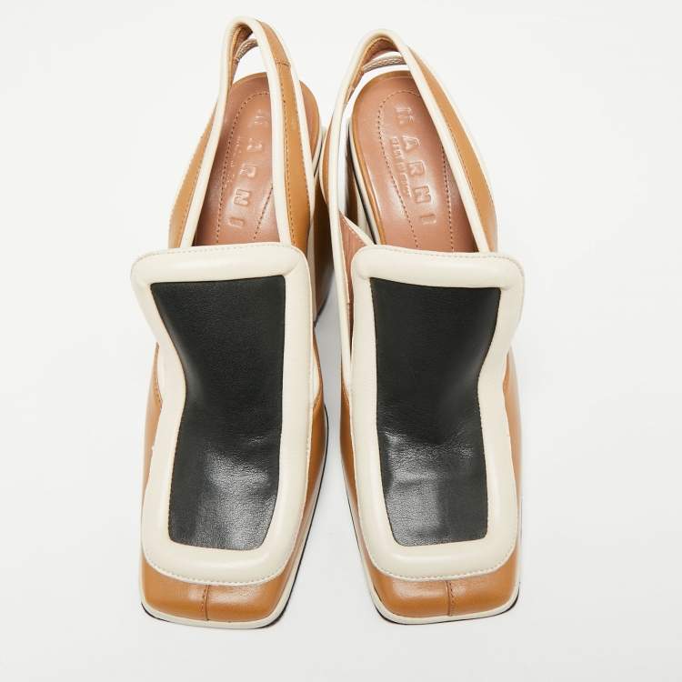 Pre Owned Marni Tri-Color Leather Square Toe Block Heel Slingback Sandals Size 37