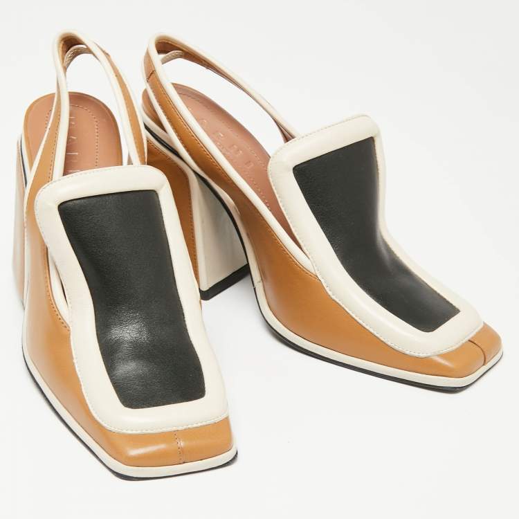 Pre Owned Marni Tri-Color Leather Square Toe Block Heel Slingback Sandals Size 37
